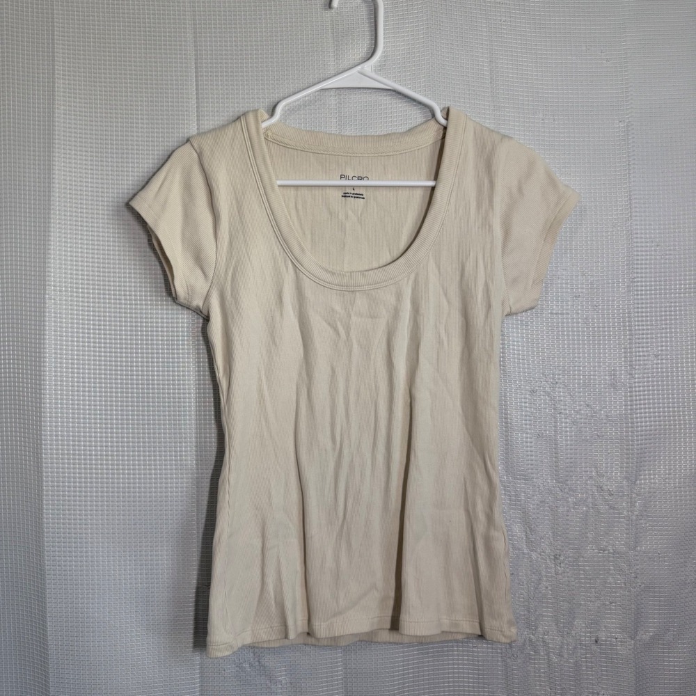 Pilcro Scoop Neck Ribbed Cotton Blend Short Sleeve Tee Cream Large Minimalist